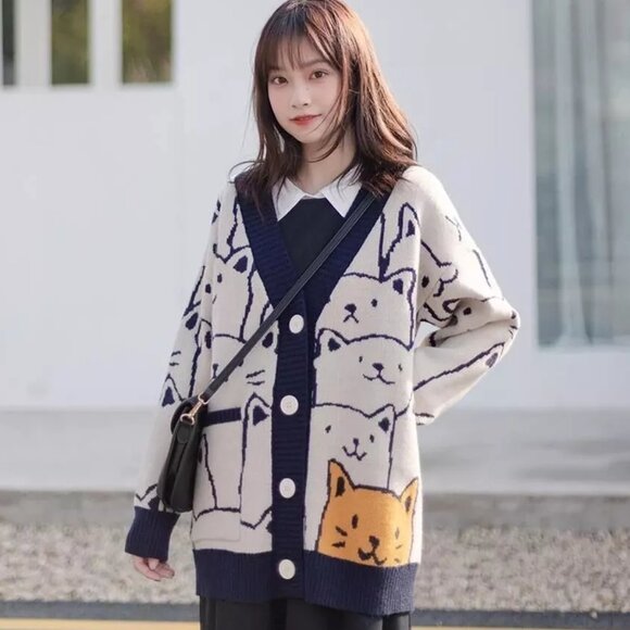 Japanese‎ Kawaii Cartoon V Neck Cozy Cardigan Cute Kitty Cat Knit Sweater Medium - Picture 1 of 16